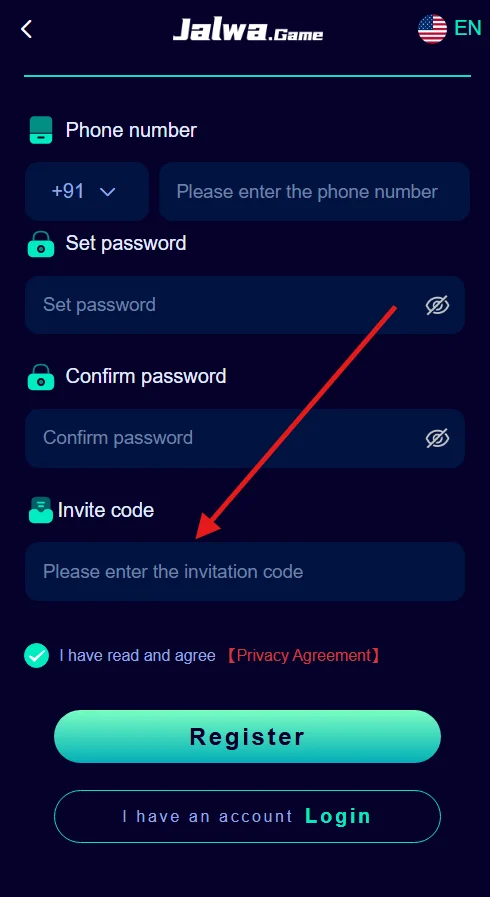 Enter the Jalwa game invite code